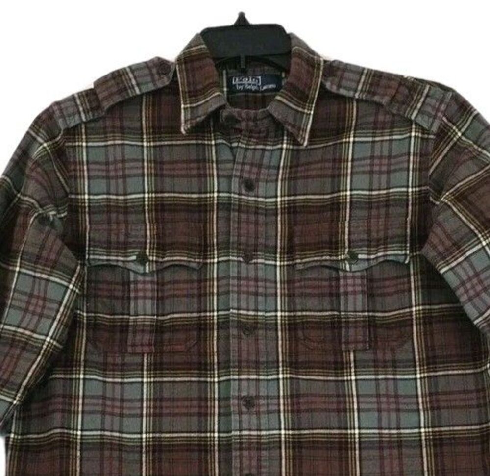 Polo Ralph Lauren Shirt Mens M Epaulet Military Green Red Tartan Plaid Flannel